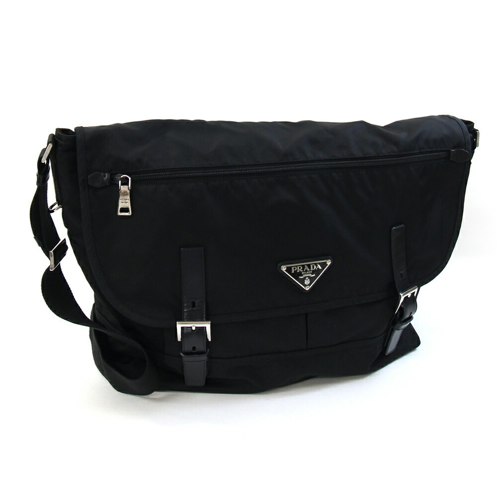 Prada Shoulder Bag Black Nylon Leather Crossbody Messenger Logo - Picture 1 of 10